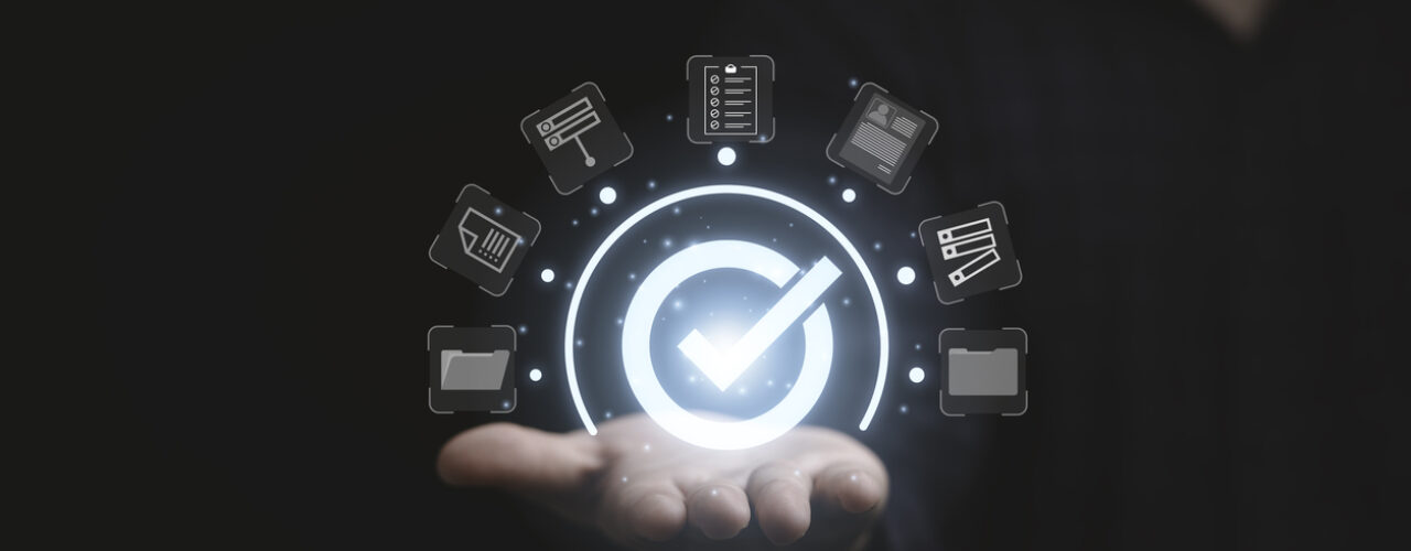 Businessman holding virtual document and mark correct sign for online approve paperless and quality assurance concept. Businessman holding virtual document and mark correct sign for online approve paperless and quality assurance concept.